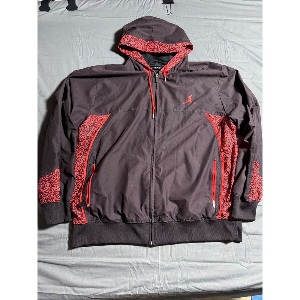 Jordan Windbreaker Jacket Mens XL Black Red Good Elephant Print Hooded Full Zip